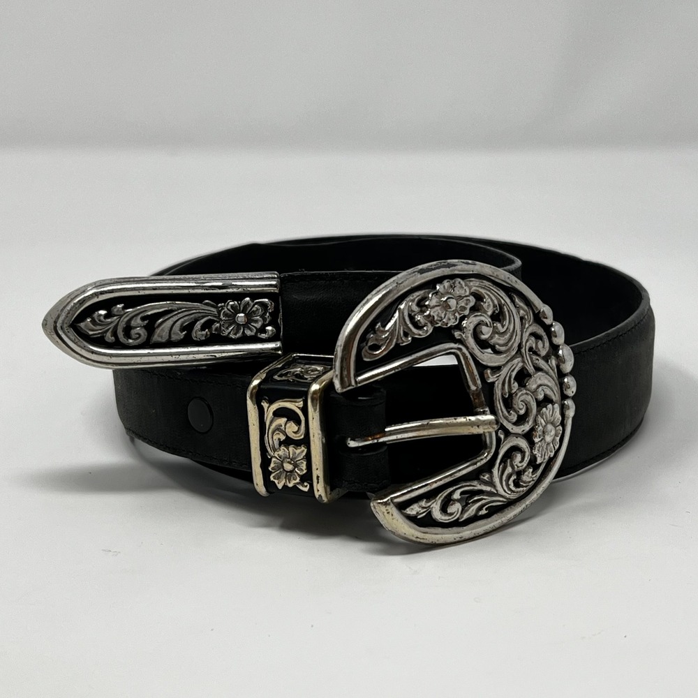 Vintage Justin Black Leather Western Belt Floral Silver Buckle 28 540BK Made USA - Picture 1 of 5